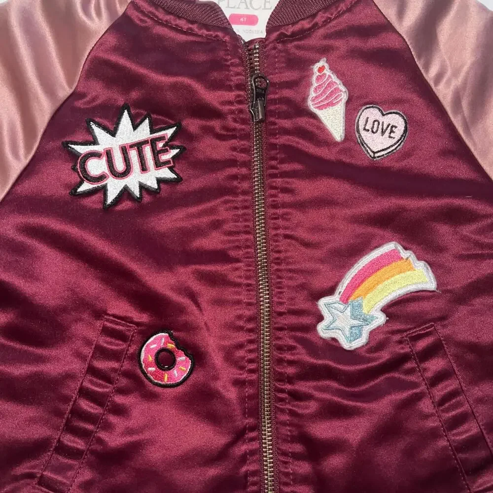 The Children’s Place Girls 4T‎ Satin Varsity Jacket With Patches Red And Pink